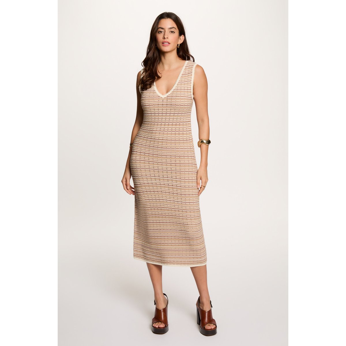 Robe tricot col v beige, MORGAN