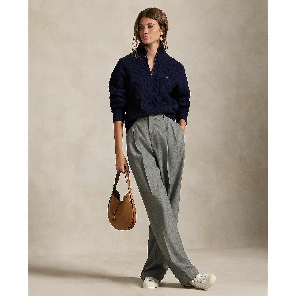 Pull col zippé en maille torsadée, 80% laine 20% cachemire marine, POLO RALPH LAUREN