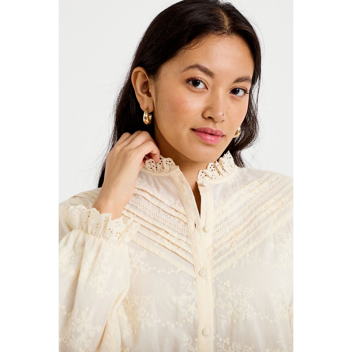 Blouse ample col montant manches longues ivoire, CACHE CACHE