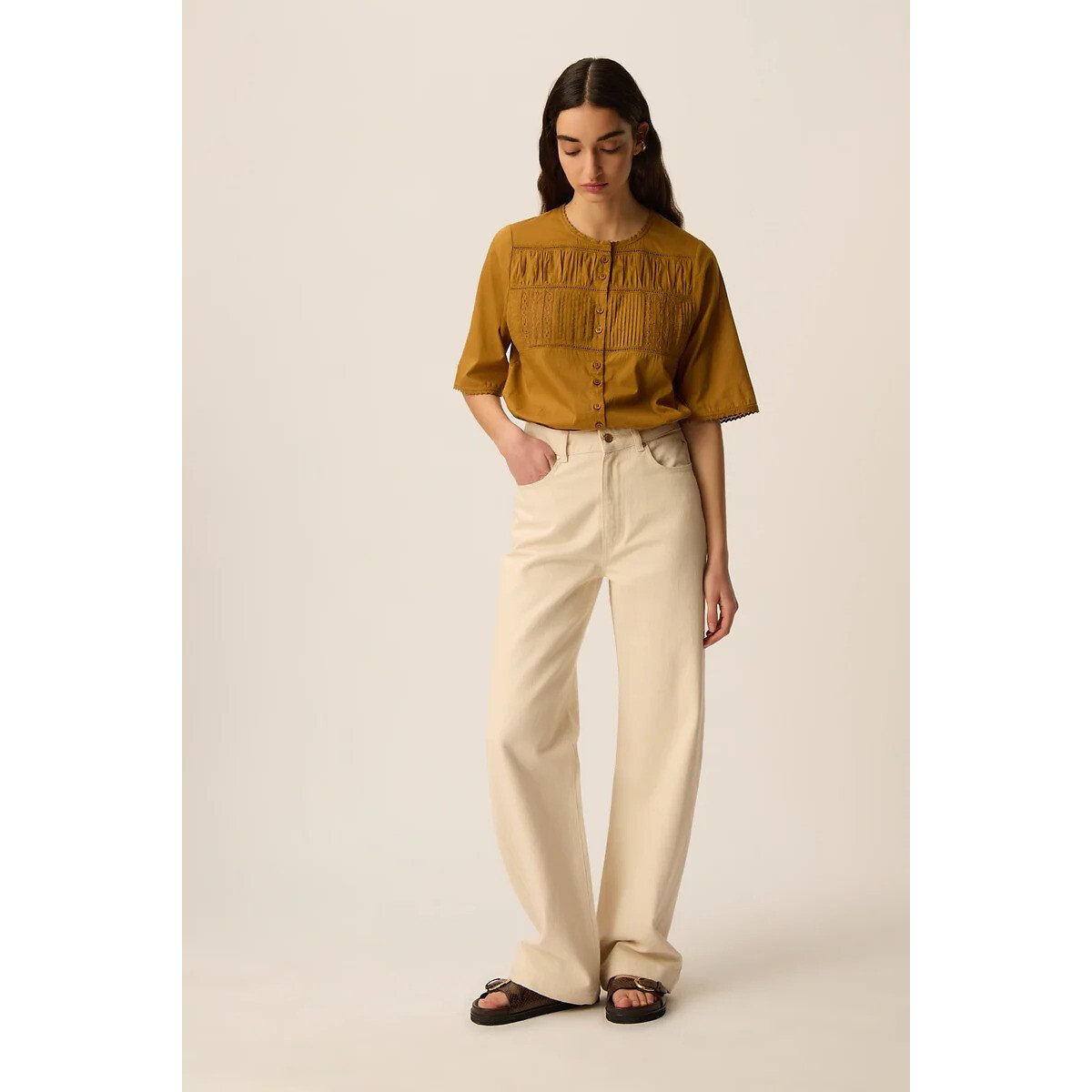 Blouse à manches courtes avec détails en dentelle, SALEM ocre, DES PETITS HAUTS