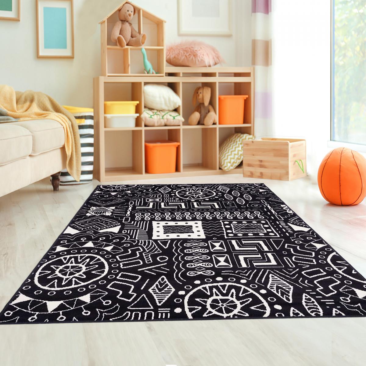 Tapis chambre tissé motif ethnique LYN1 MOTIF noir, UN AMOUR DE TAPIS