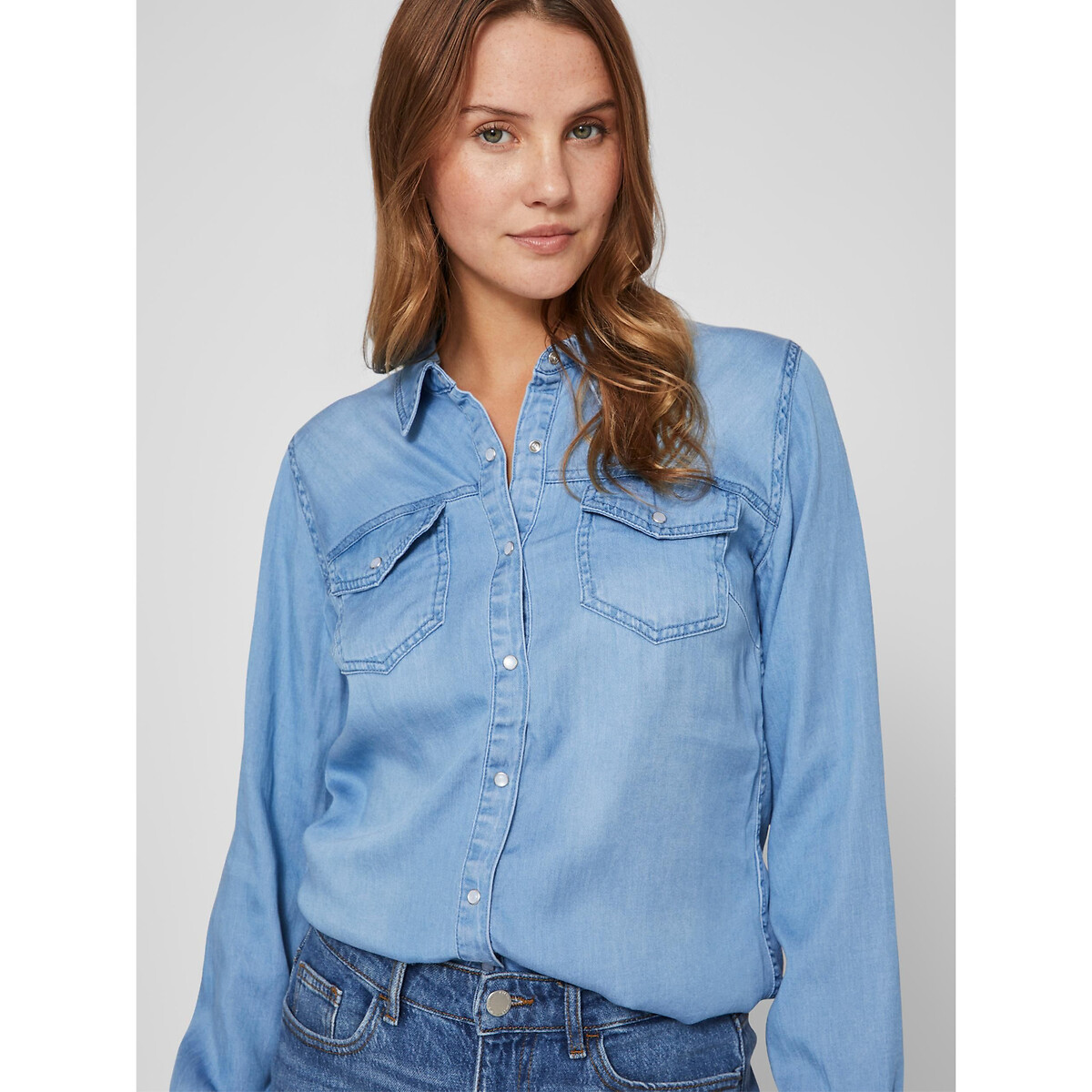 Camicia attillata, maniche lunghe blu denim, VILA