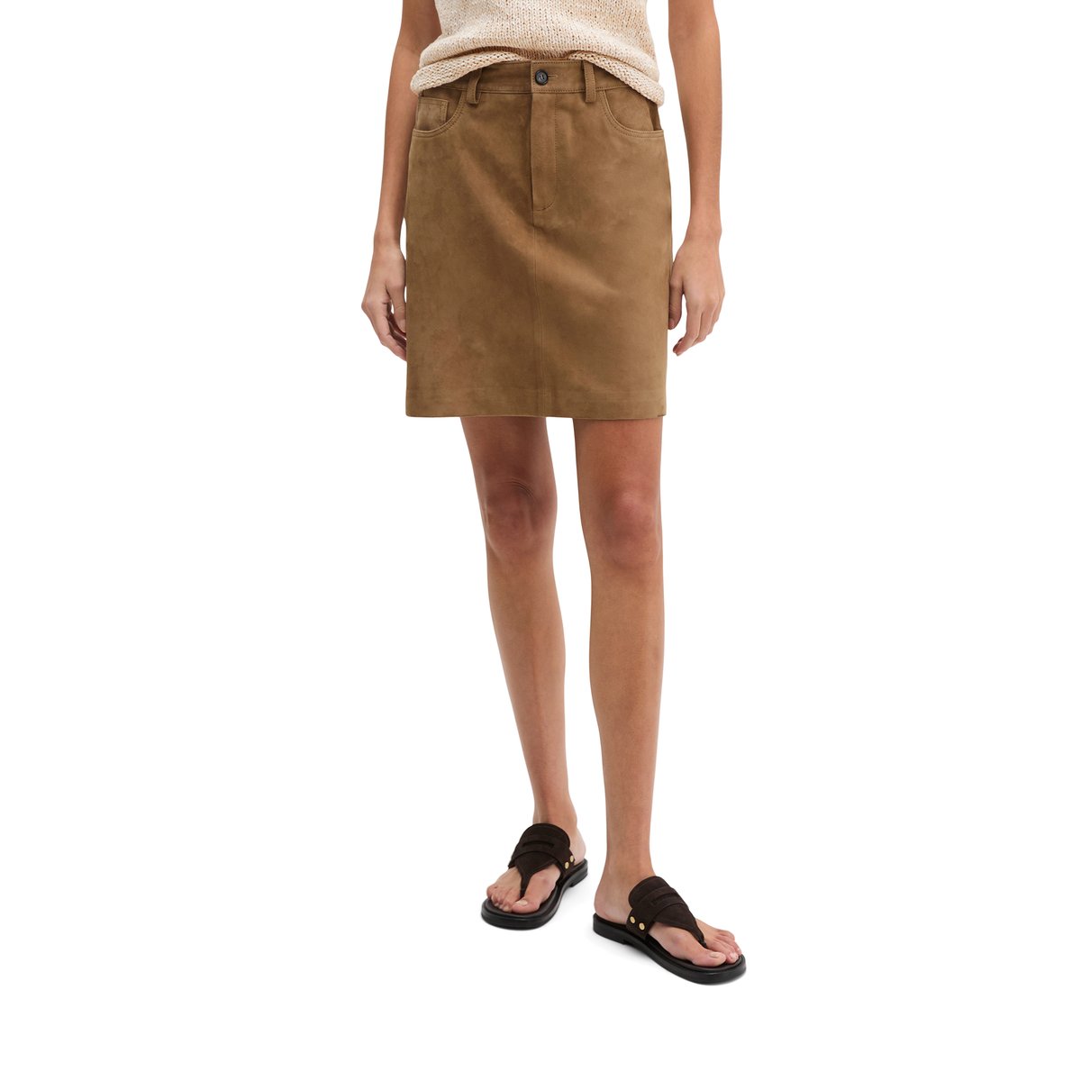Mini-jupe en cuir regular en cuir de chèvre velours doux marron, MARC O'POLO