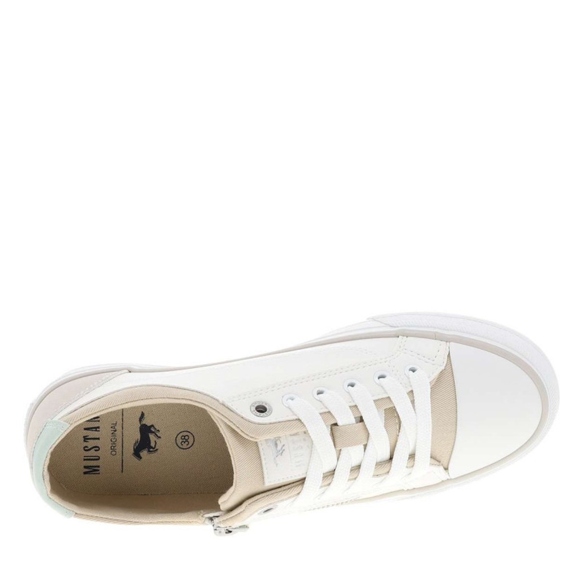 Tennis écrues à talon plat avec des lacets et un zip latéral blanc, MUSTANG