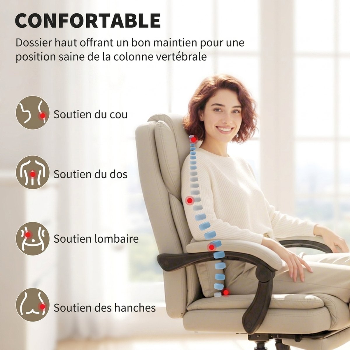Chaise de bureau Cuir synthétique Beige marron, HOMCOM