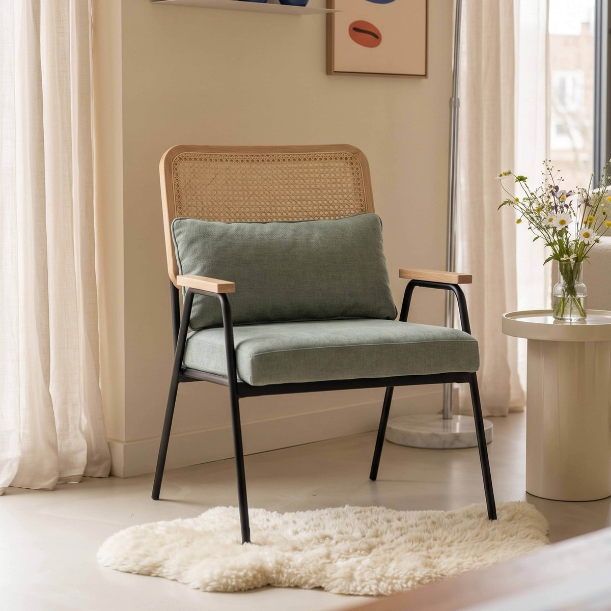 Fauteuil relax en acier, rotin synthétique et tissu, MILEY vert, OVIALA