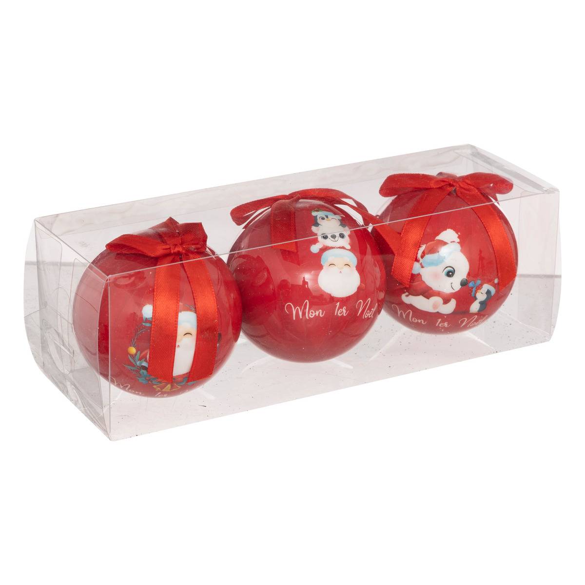 3 Boules de Noël Papier imprimé 75mm petit modèle rouge, FEERIC LIGHTS & CHRISTMAS