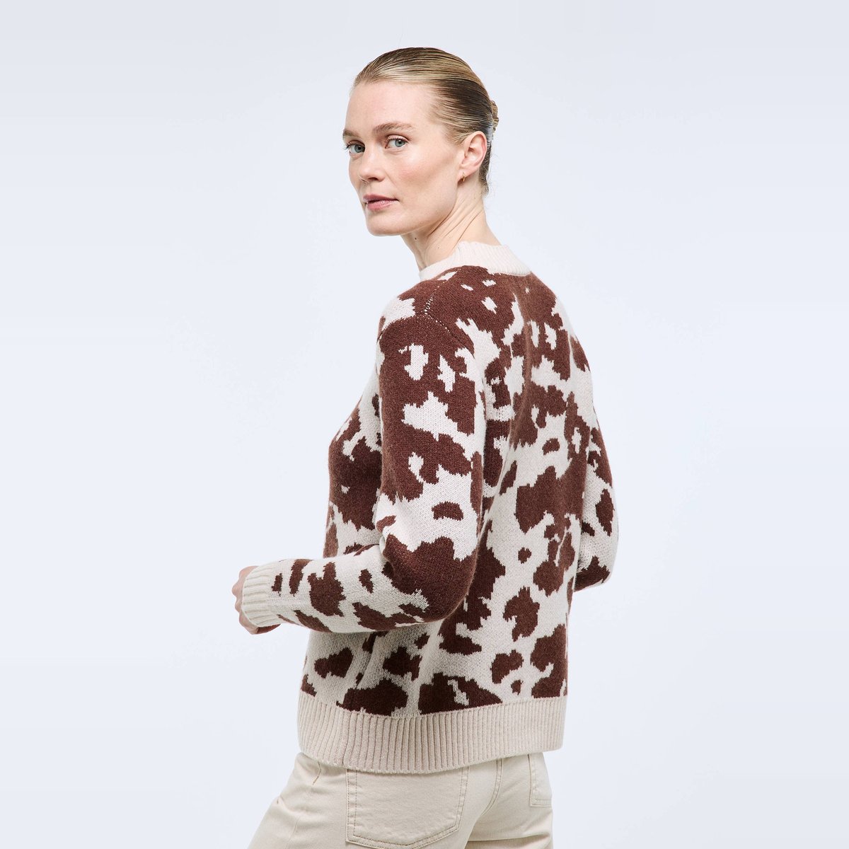 Pull col rond en jacquard à motifs vache bison, MONOPRIX