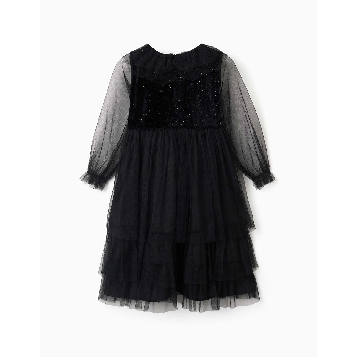 Robe à manches longues en velours et tulle avec volants noir, ZIPPY