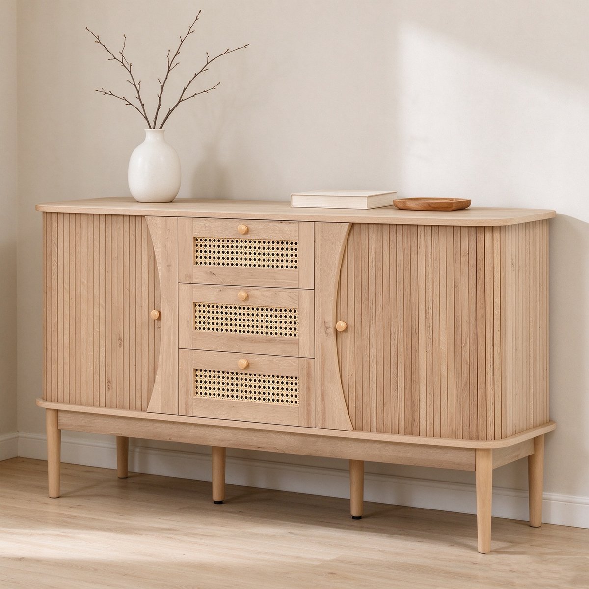 Armoire de rangement avec 2 portes 4 couches et 3 tiroirs ovale style scandinave, KIMIA Armoire chêne, MEUBLES COSY