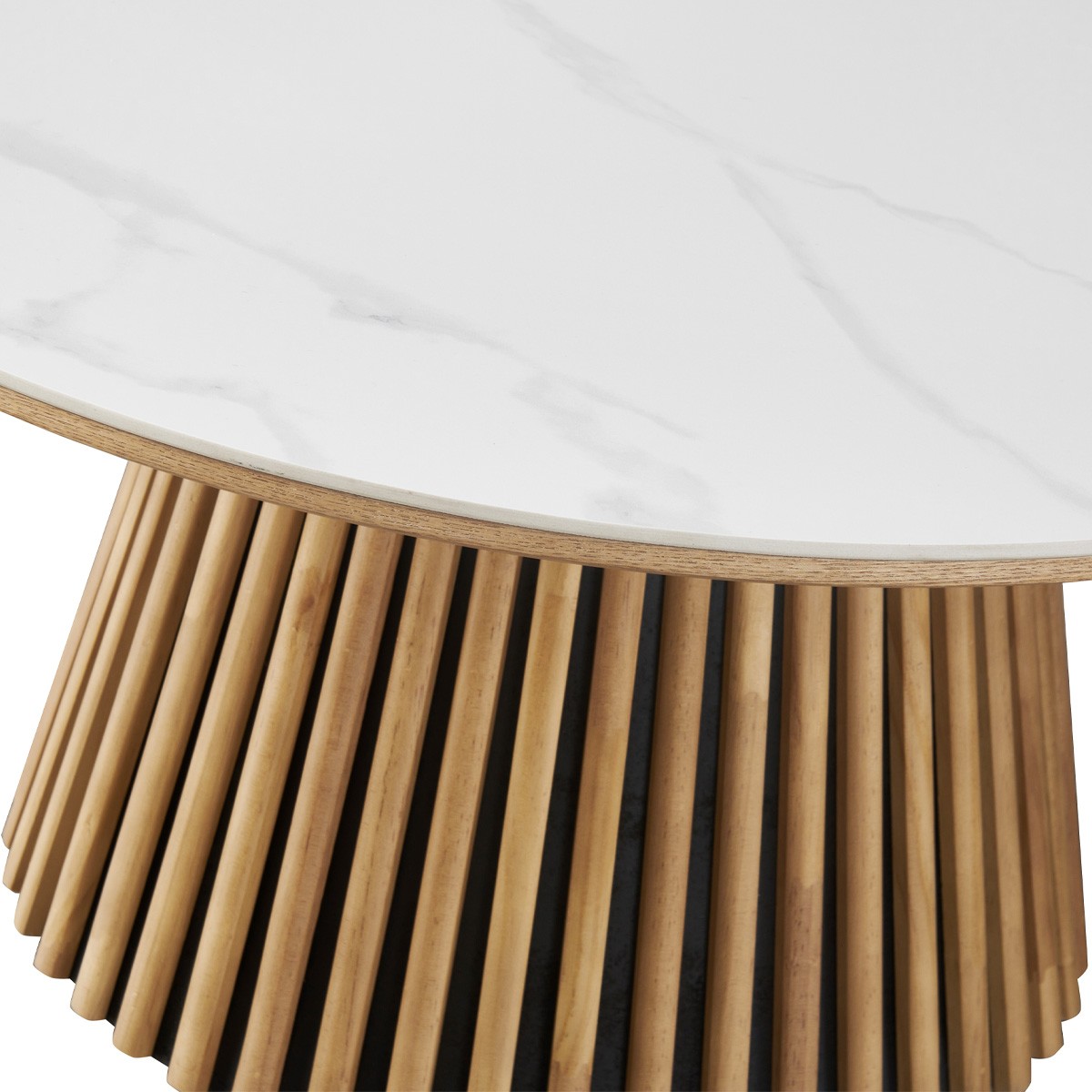 Table basse ronde plateau en céramique bicolore piètement cannelé - ADA marbre et bois clair, HOMIFAB