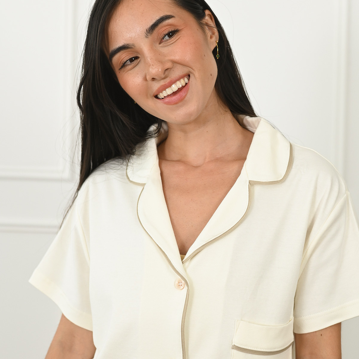 Pyjama femme chemise + short en jersey PRINCETON ecru, SENSEI MAISON
