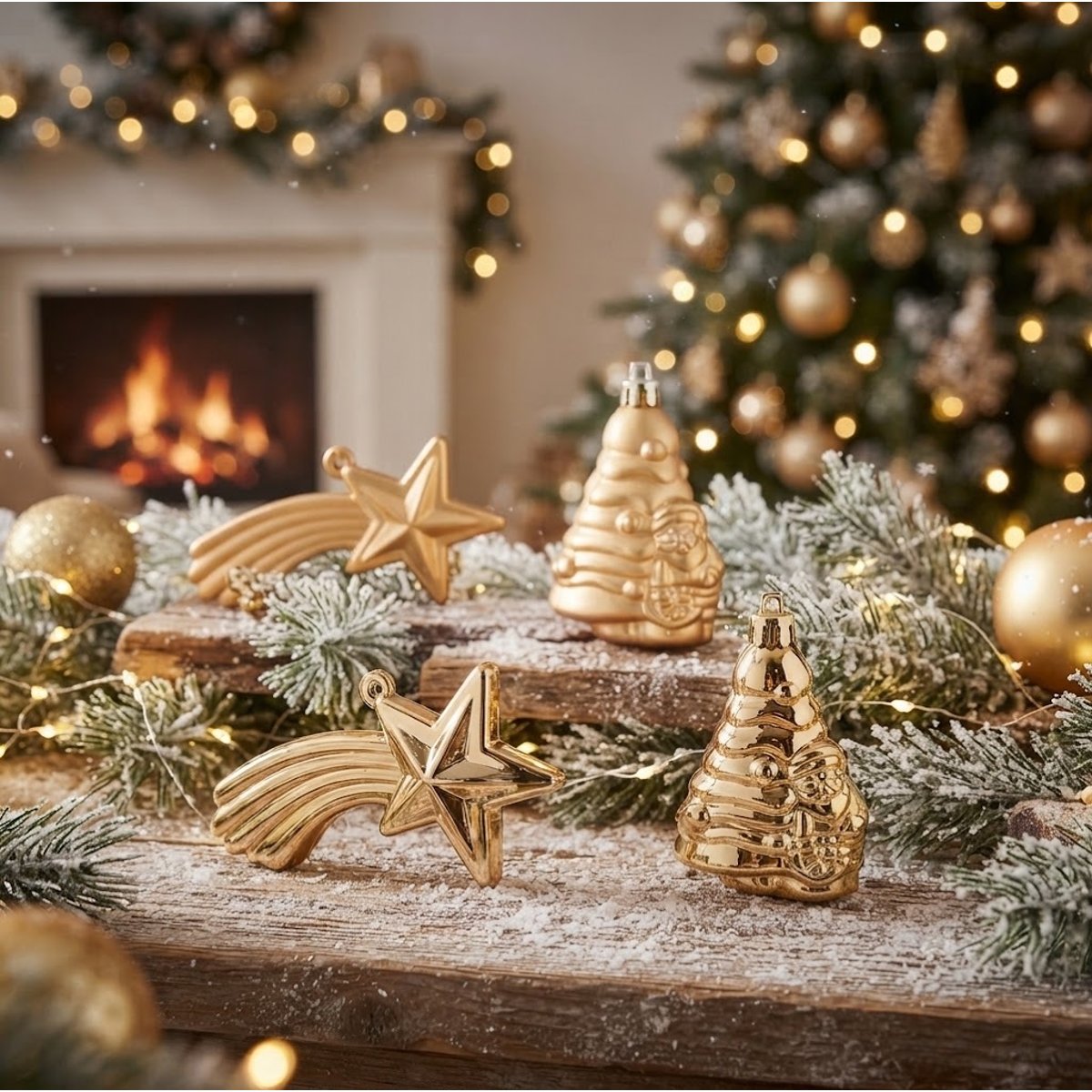 Lot de 4 Boules de Noël 2 Sapins et 2 Étoiles Brillant et Mat or, EDEN
