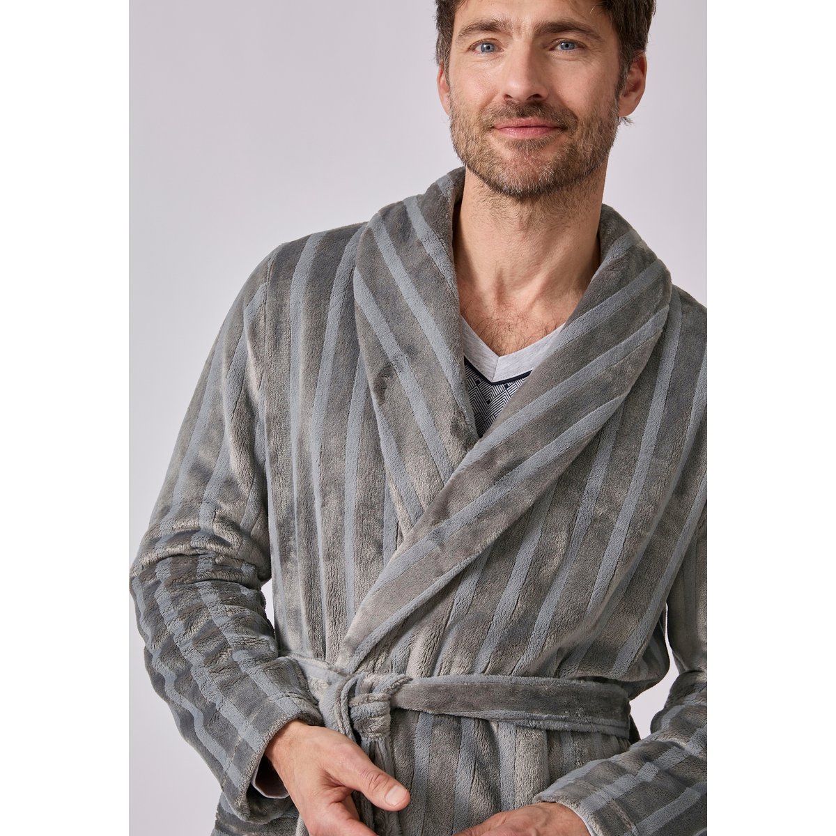Robe de chambre Thermolactyl en maille jacquard gris rayé, DAMART