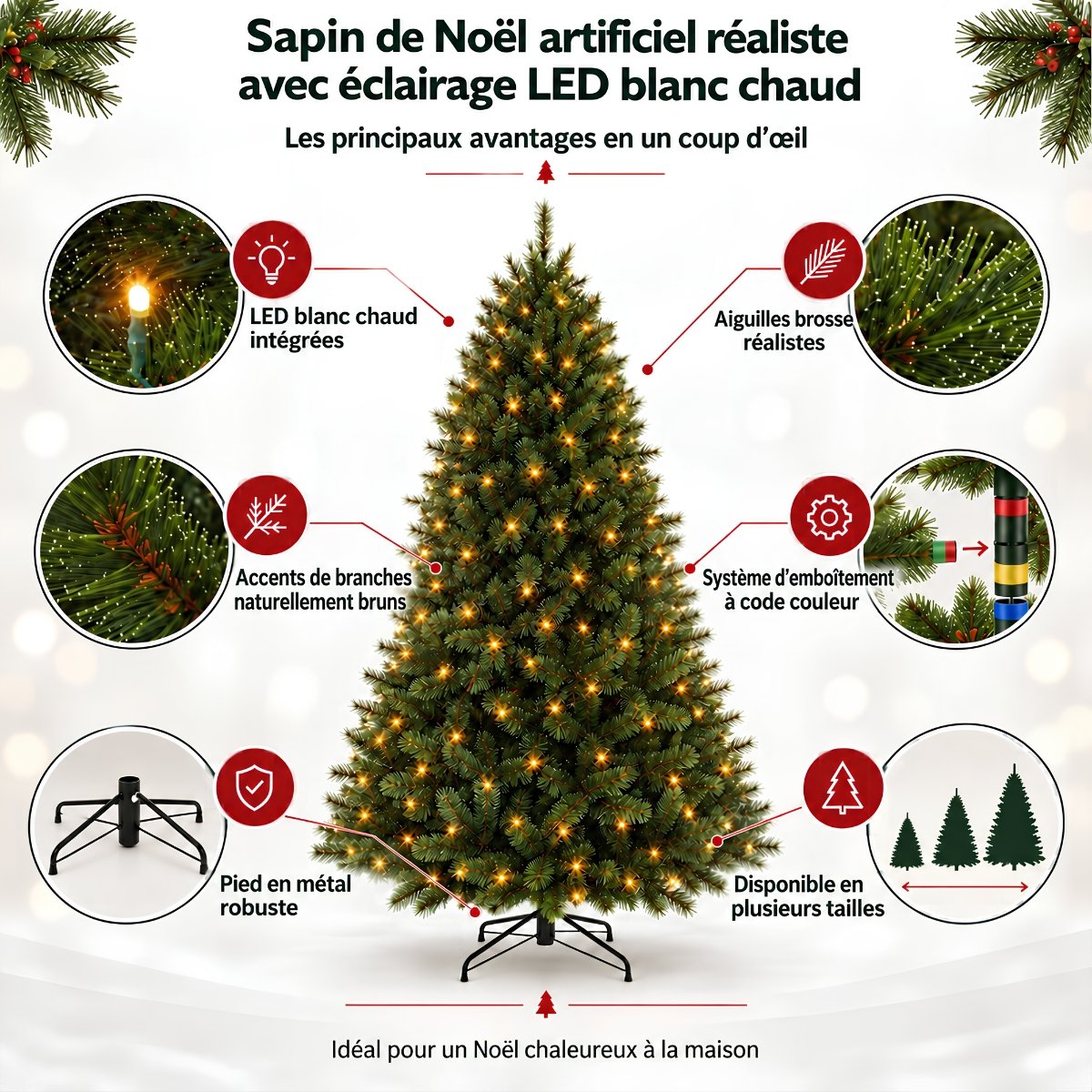Sapin de Noël artificiel avec LED H155 cm BRISTLECONE vert, TRIUMPH TREE