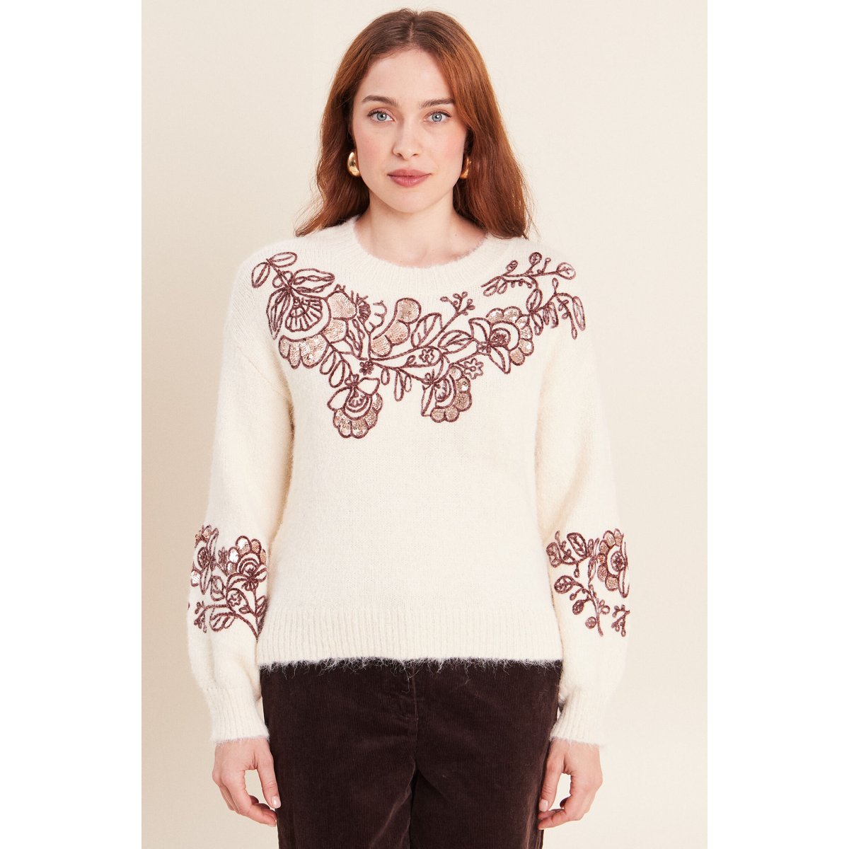 Pull col rond brodé à sequins ecru, BREAL