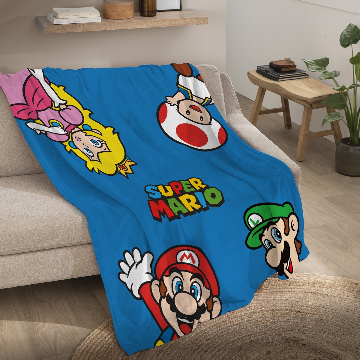 Plaid polaire imprimé, LET'S GO bleu, SUPER MARIO