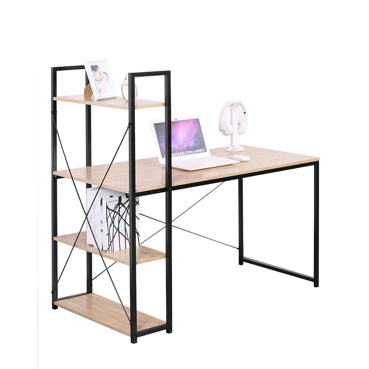 Bureau L120cm avec 4 étagères style industriel bois clair, CALICOSY