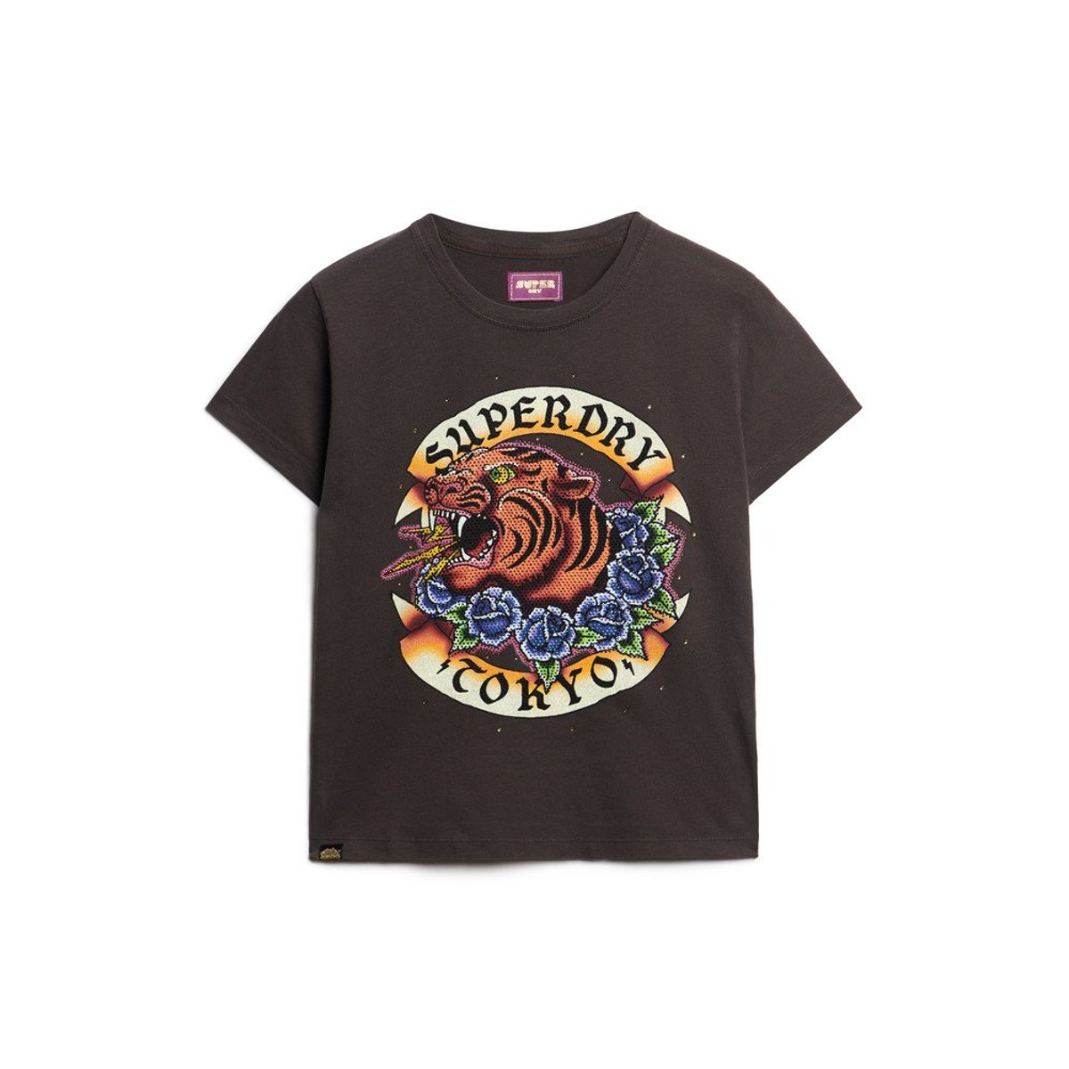 T-shirt ajusté à strass effet tatouage noir carbone, SUPERDRY