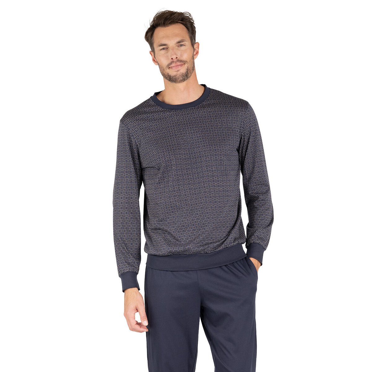 Pyjama mercerisé imprimé col rond bleu marine/imprimé, EMINENCE