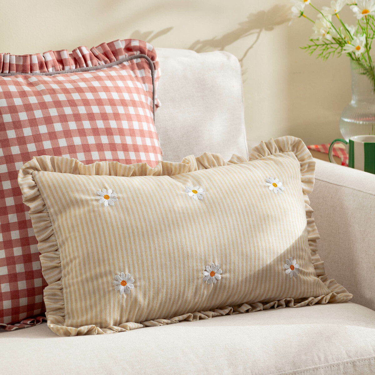 Les Fleurs Striped Ruffle Feather Rich Cushion yellow, FURN.