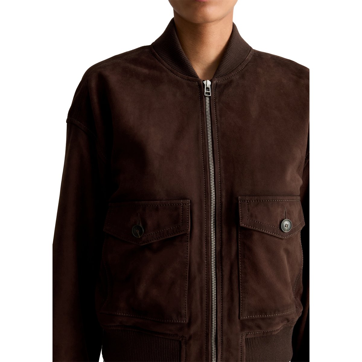 Blouson en cuir regular en cuir de chèvre velours doux marron foncé, MARC O’POLO DENIM