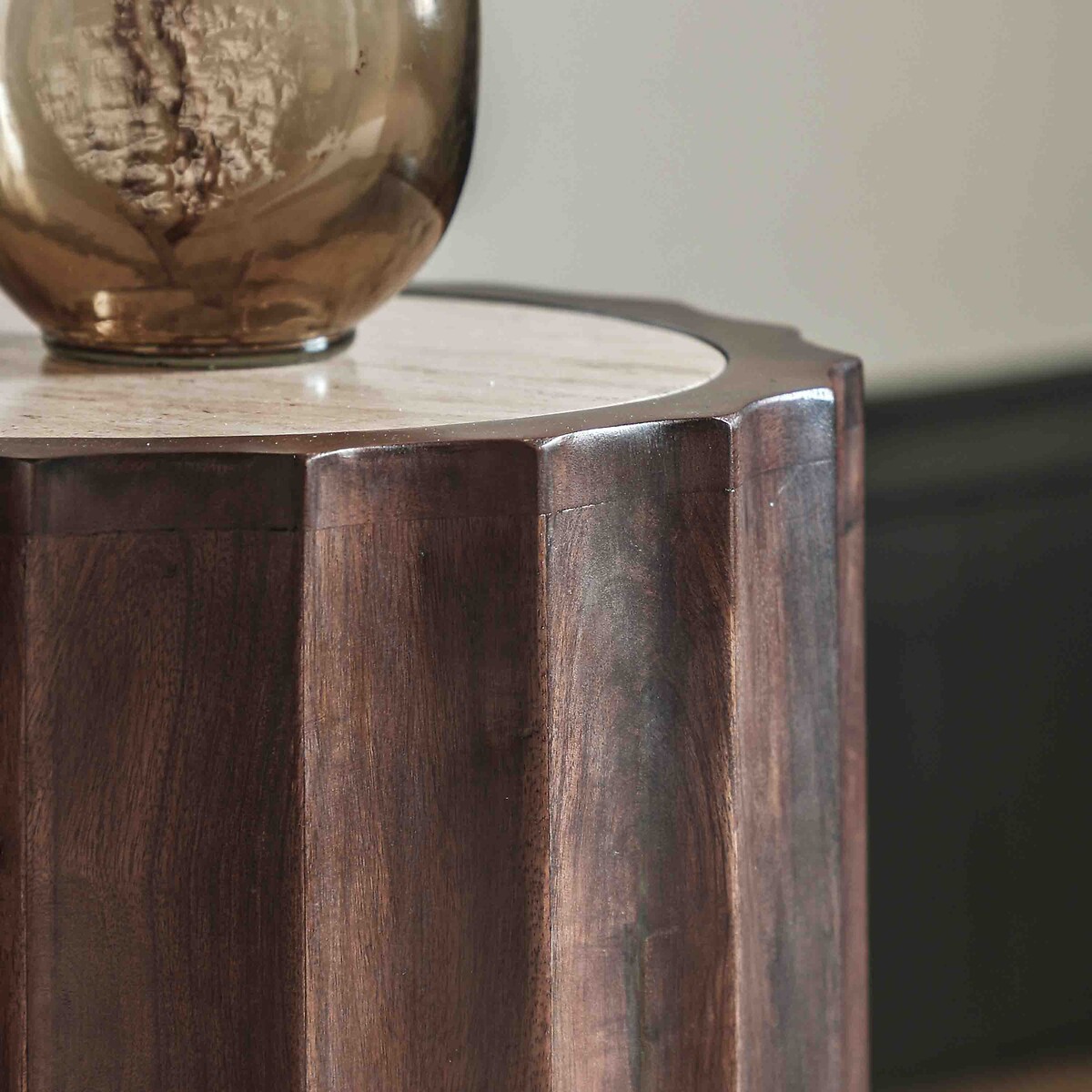 Cypress Travertine & Mango Wood Side Table dark wood, ÉDITÉ