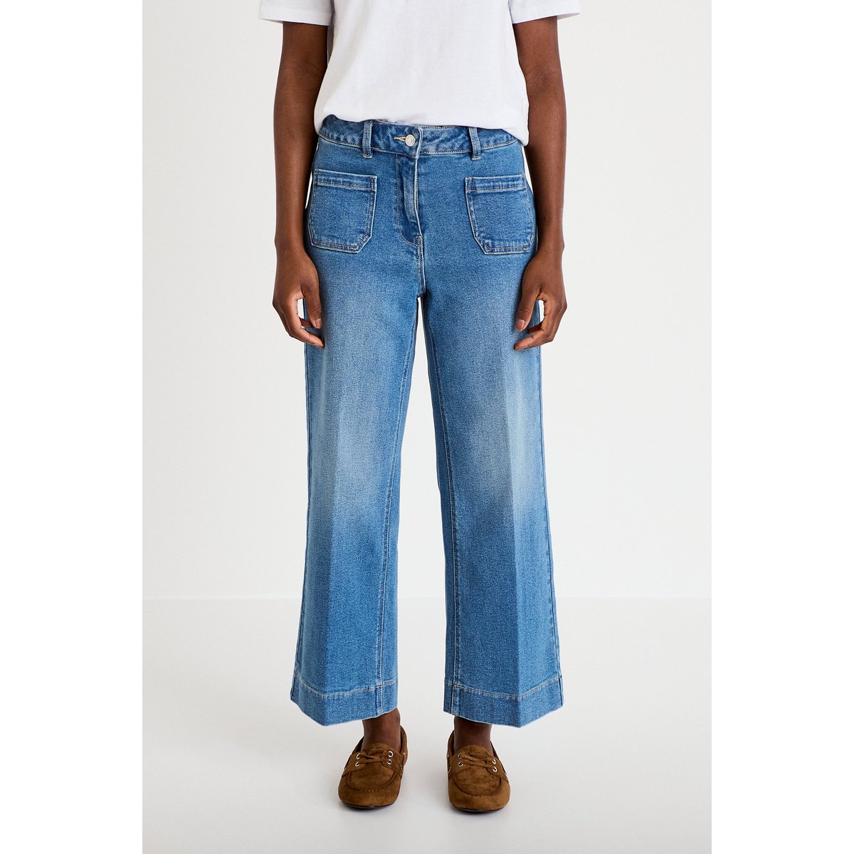 Jean wide leg cropped taille haute denim double stone, CACHE CACHE