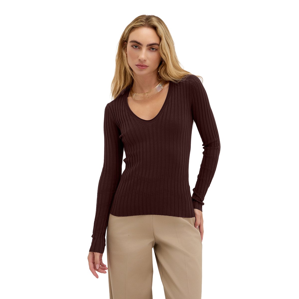 Pull à côtes plates avec encolure en V bleu, MOTIVI