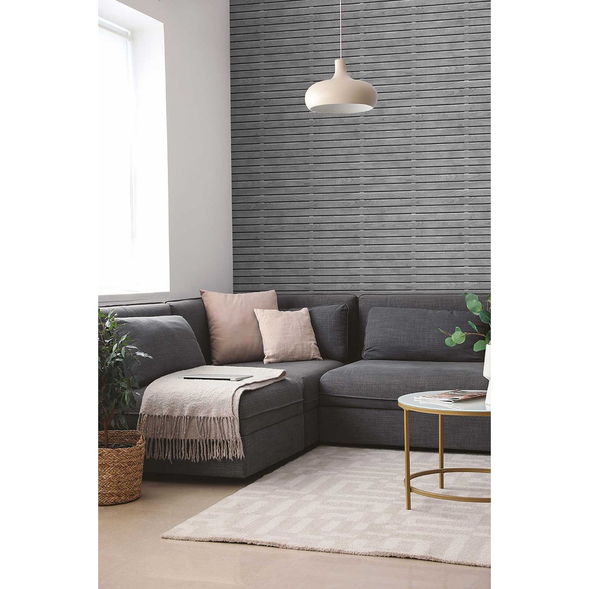 Papier peint bois gris à lattes horizontales gris, HEXOA