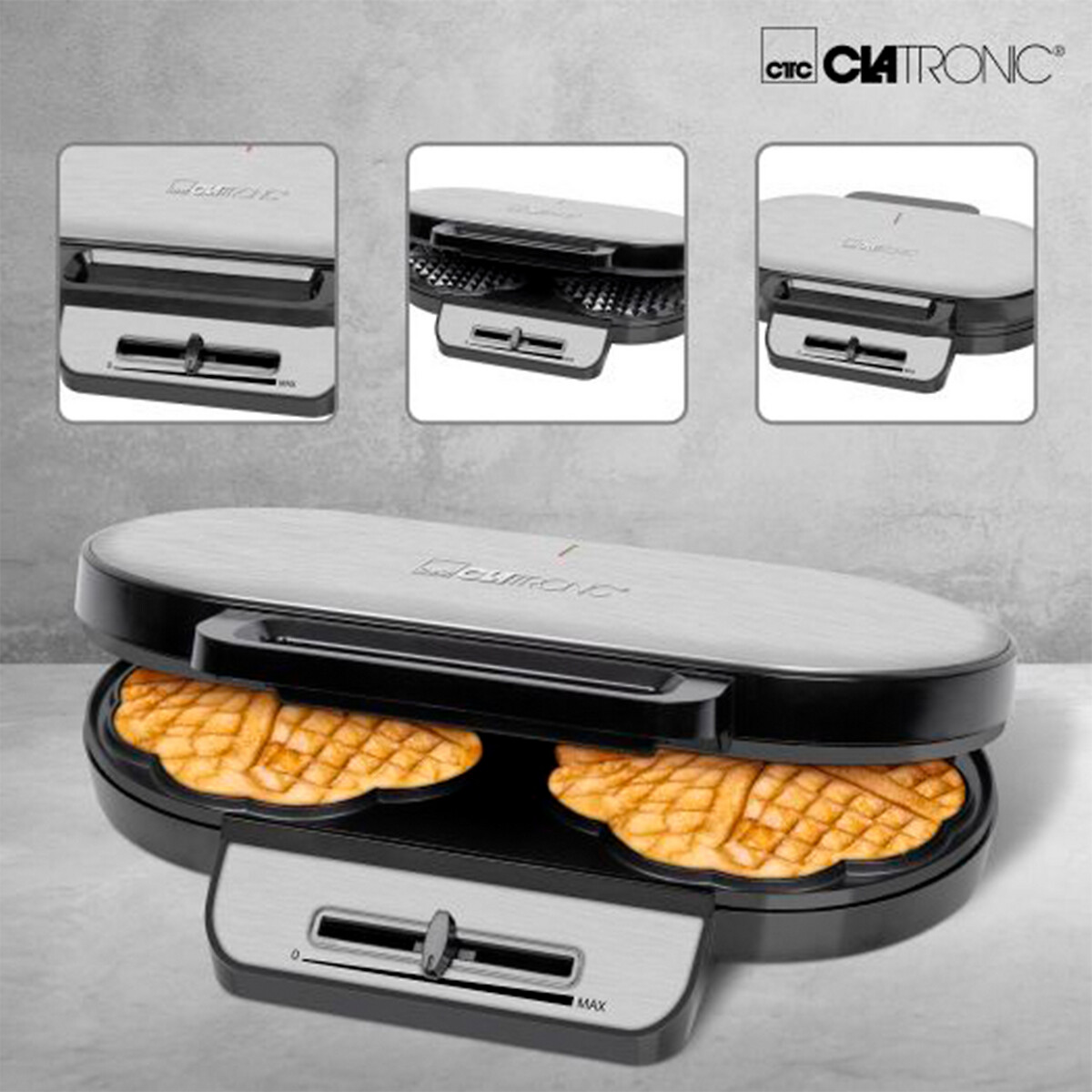 Máquina de Waffles dupla, da Clatronic cinzento/preto, CLATRONIC