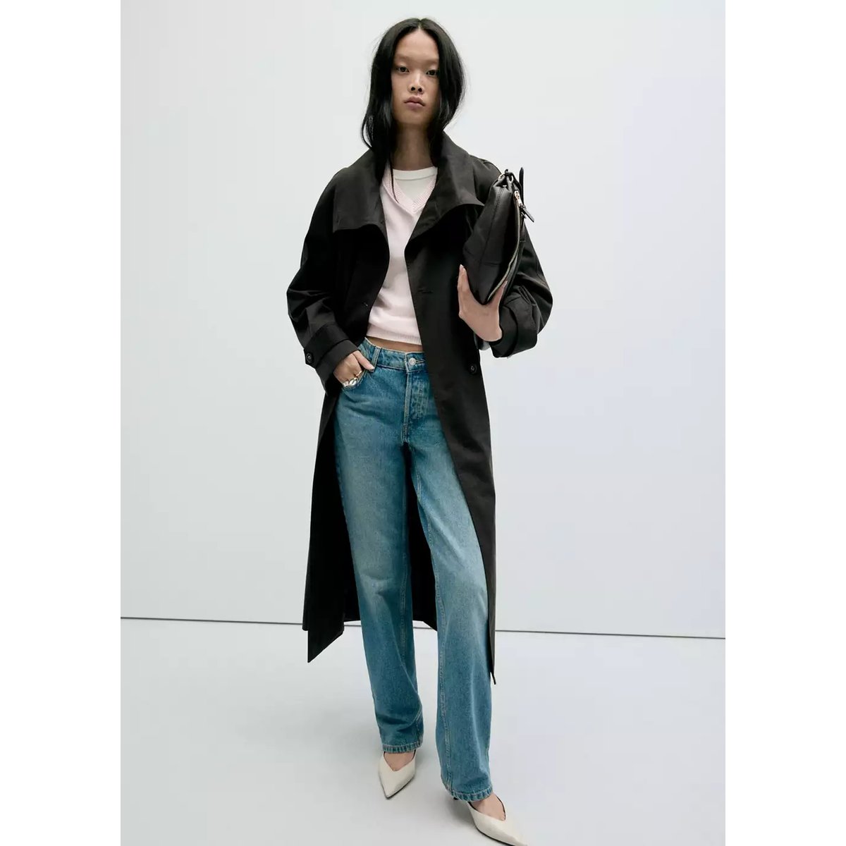 Trench long avec col montant et ceinture chocolat, MANGO