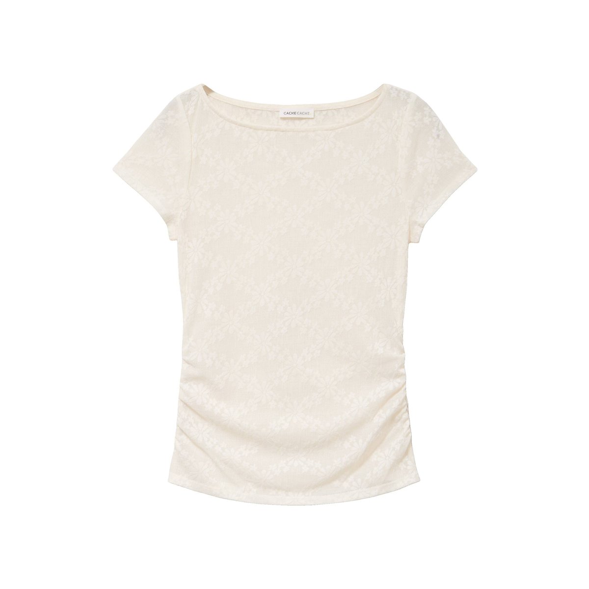 T-shirt ajusté dentelle col bateau ecru, CACHE CACHE