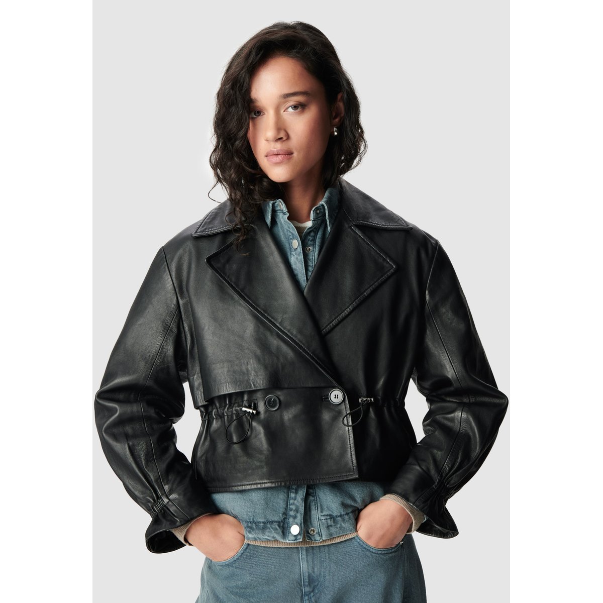 Veste oversize courte en cuir noir, IKKS