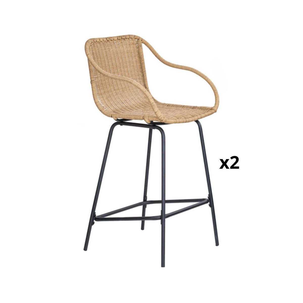 Lot de chaises d'ilot et bar en métal et assise en rotin 65cm MOOREA | Lot de 2 naturel, MOB IN