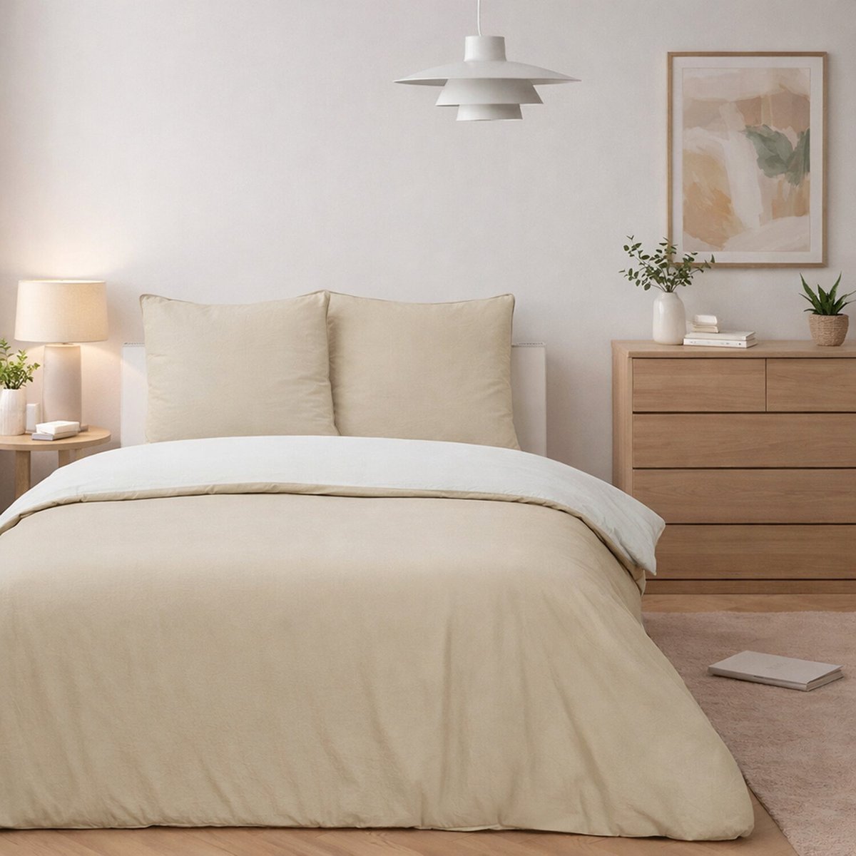 Parure housse de couette en coton lavé bicolore, Vicky beige, C DESIGN HOME TEXTILE
