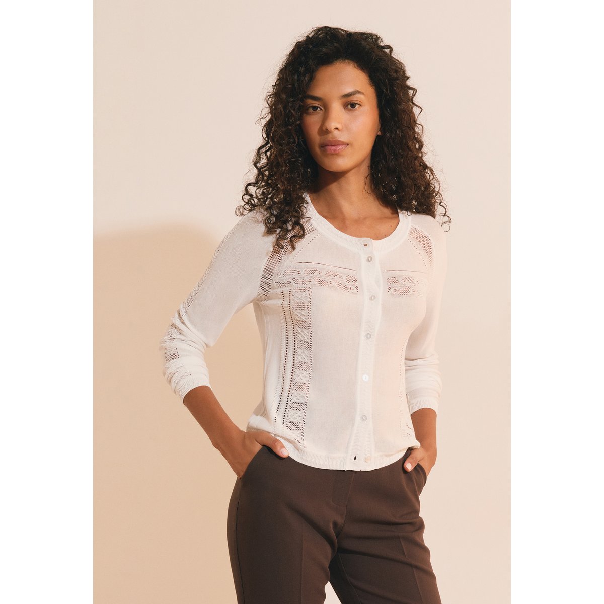 Cardigan fin à détails ajourés SUZANE CARDI ecru, ETAM