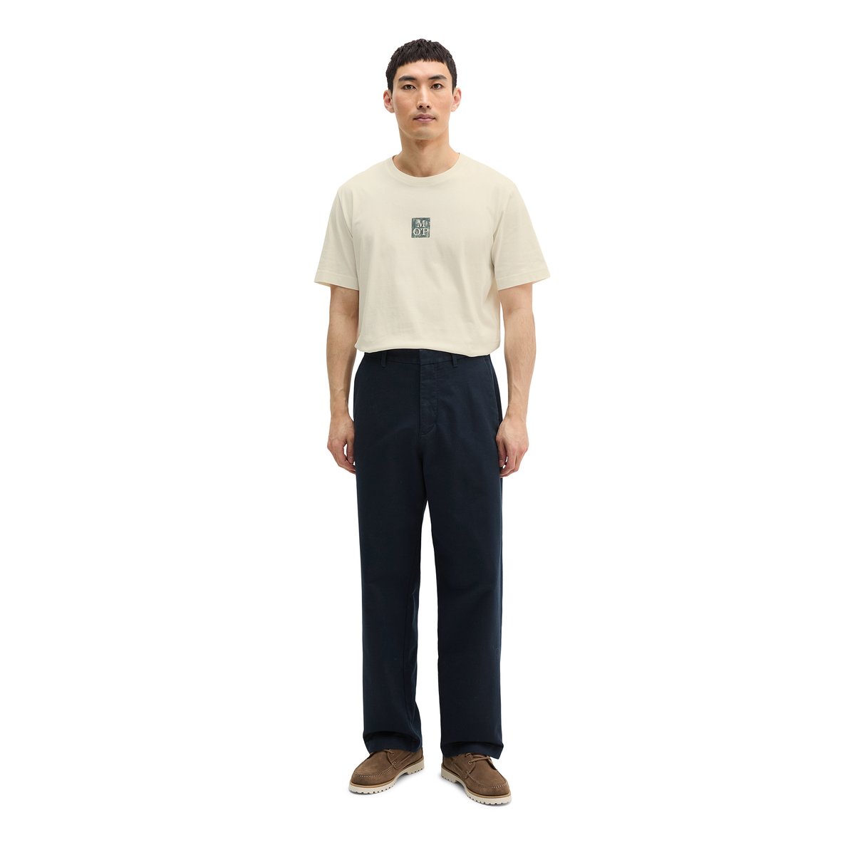 Chino modèle Mossbo large en satin de coton bio élastique bleu foncé, MARC O'POLO