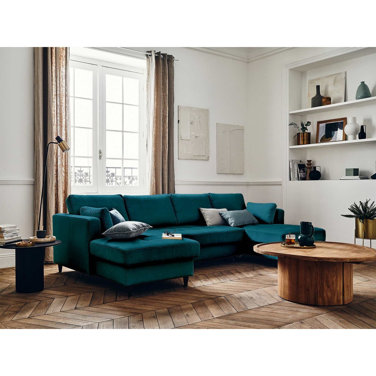 Canapé Panoramique Convertible 7 places - ANNA bleu canard, BEST MOBILIER