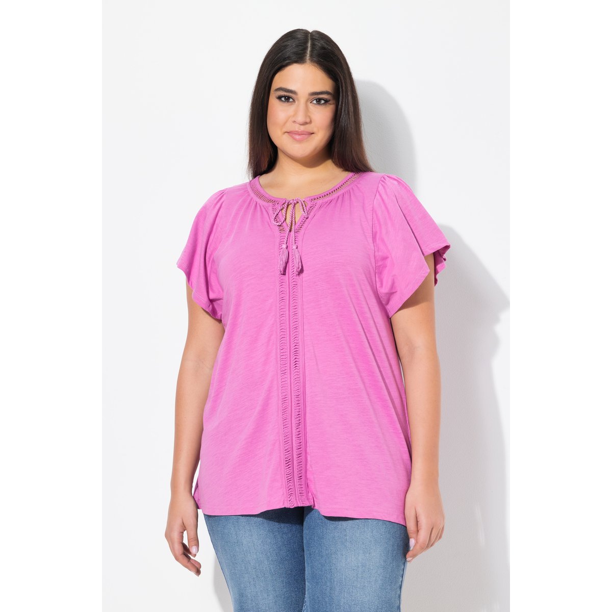 T-shirt col tunisien et manches rose frais, ULLA POPKEN