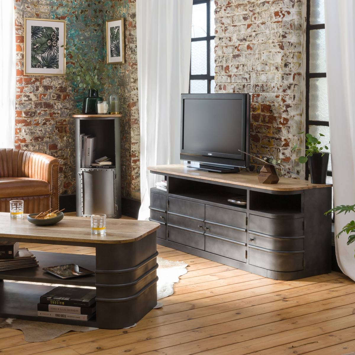 Meuble TV en métal et bois massif LOCKER gris, MADE IN MEUBLES 