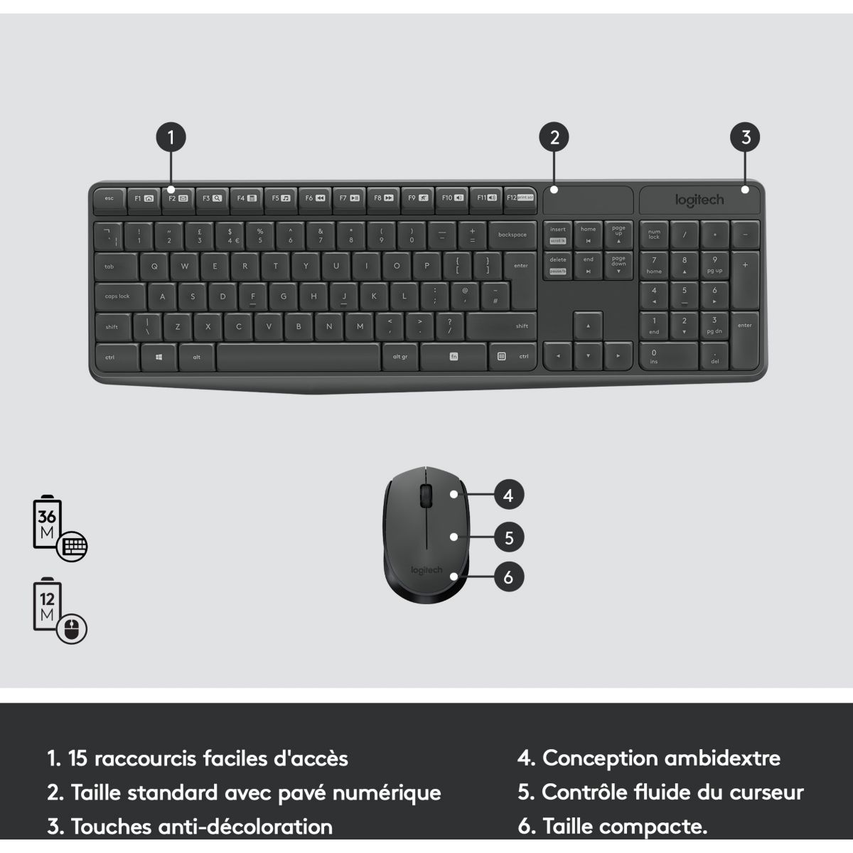 Clavier + Souris MK235 sans fil silencieux gris, LOGITECH