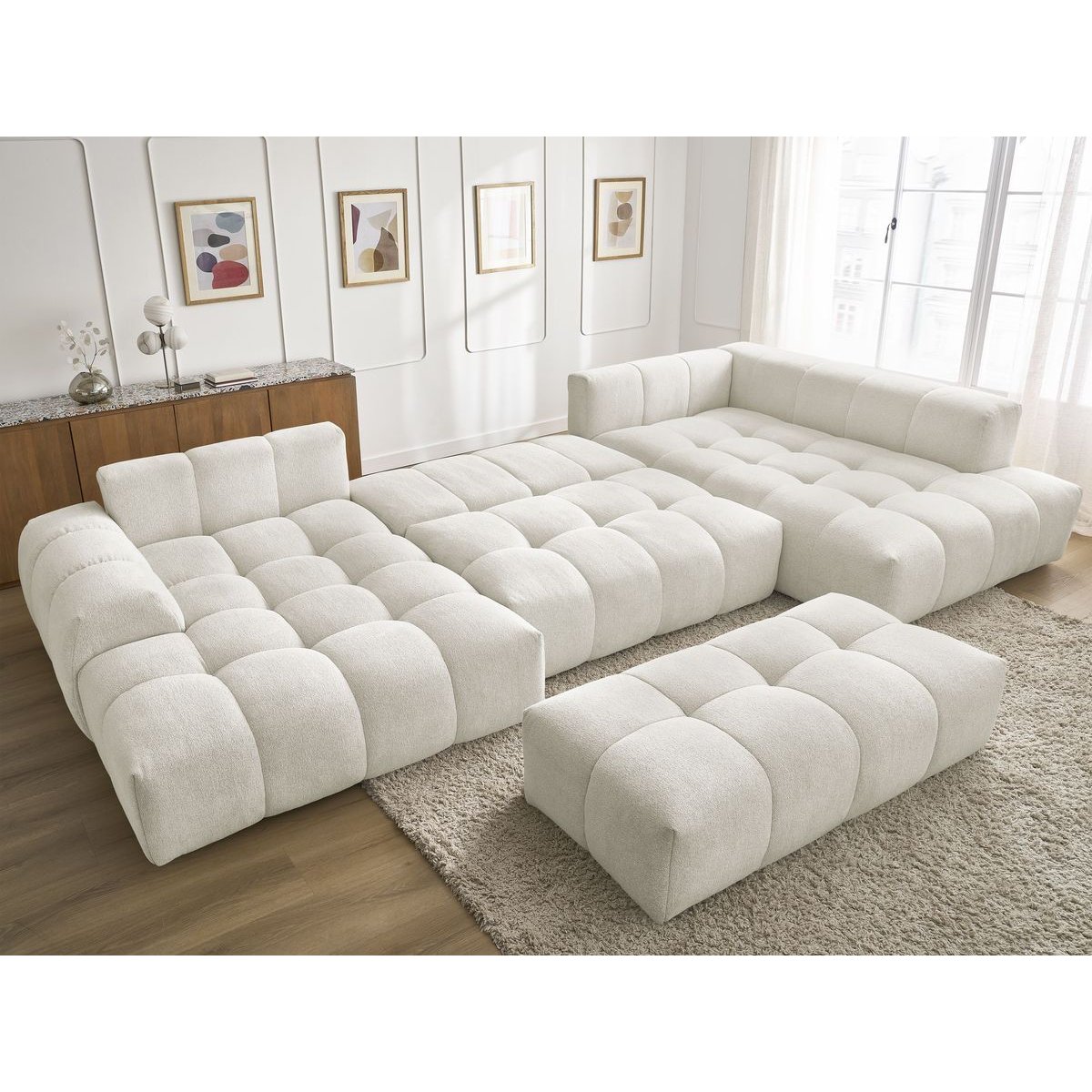 Canapé panoramique convertible 7 places en tissu chiné avec pouf, EVEREST blanc, BOBOCHIC