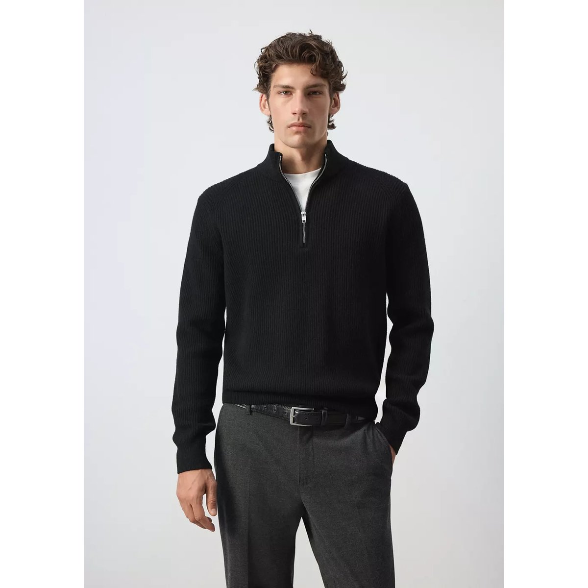 Pull-over zippé maille côtelée noir, MANGO MAN