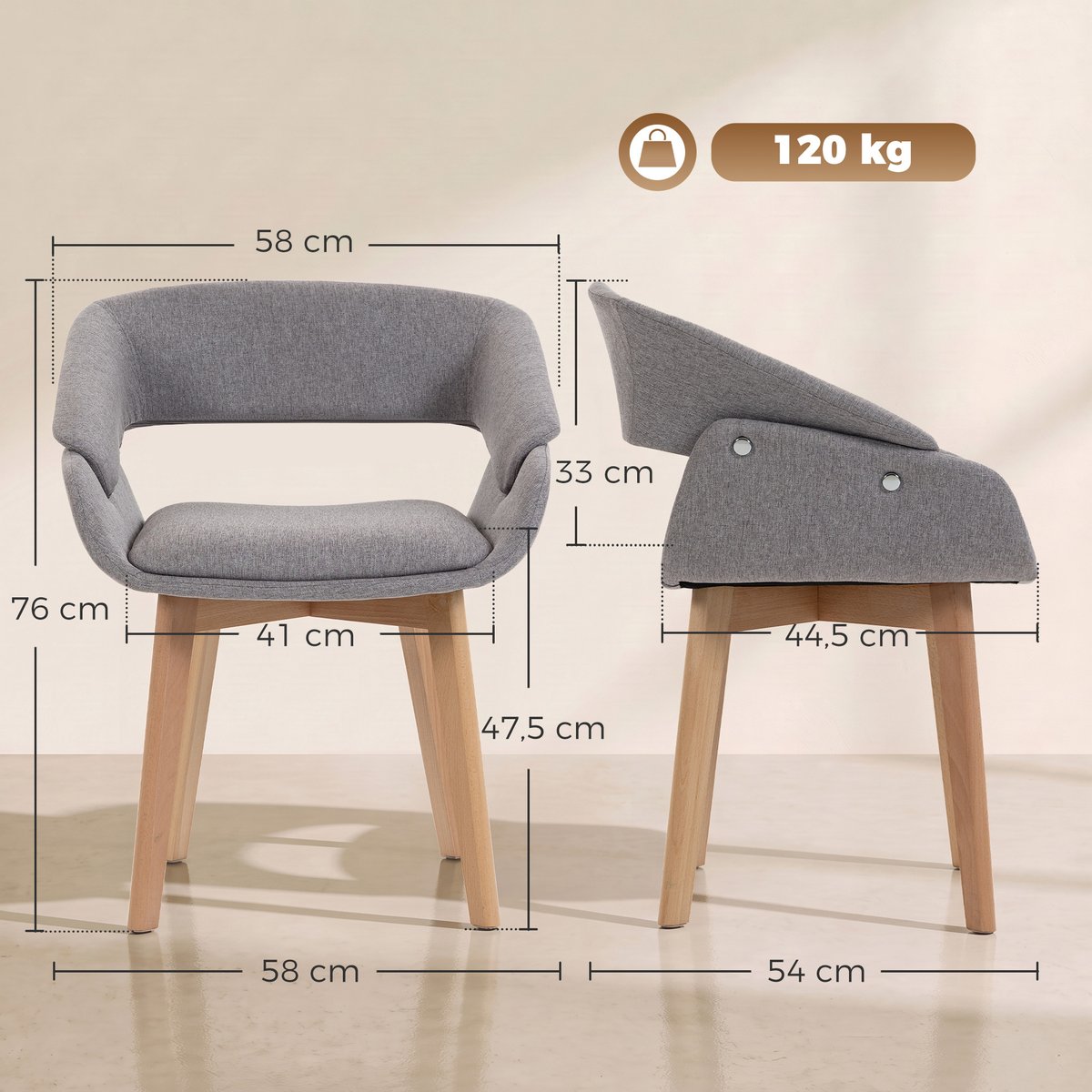 Chaise de salle à manger Tissu aspect lin gris clair, bois naturel, HOMCOM