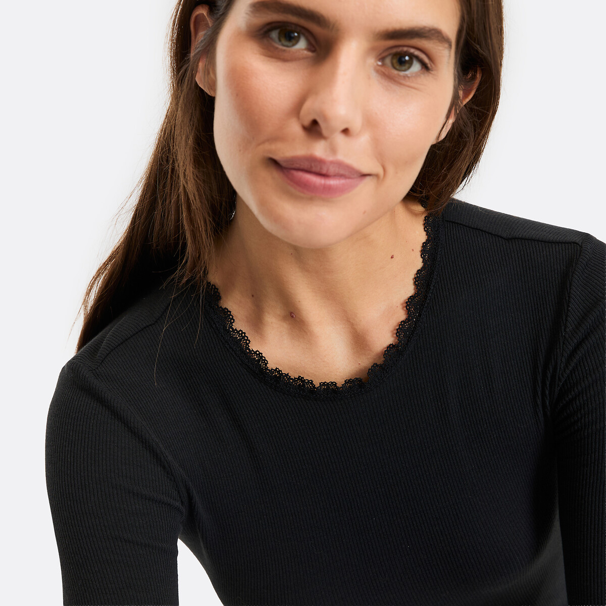 Slim Fit Crew Neck Lace Detail T-Shirt black, LA REDOUTE COLLECTIONS