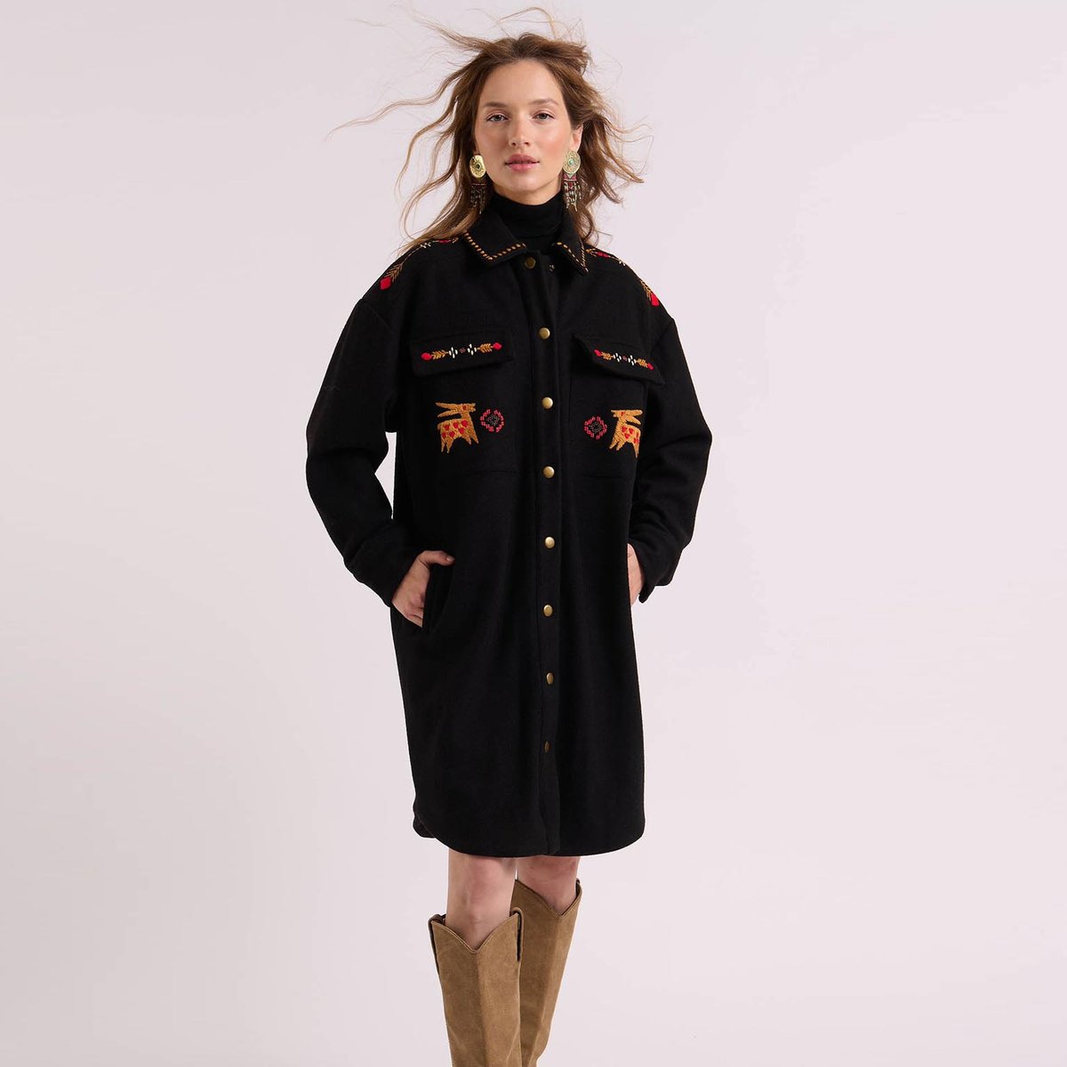 Manteau à motifs et perles aztèques ANGELE noir, WILD