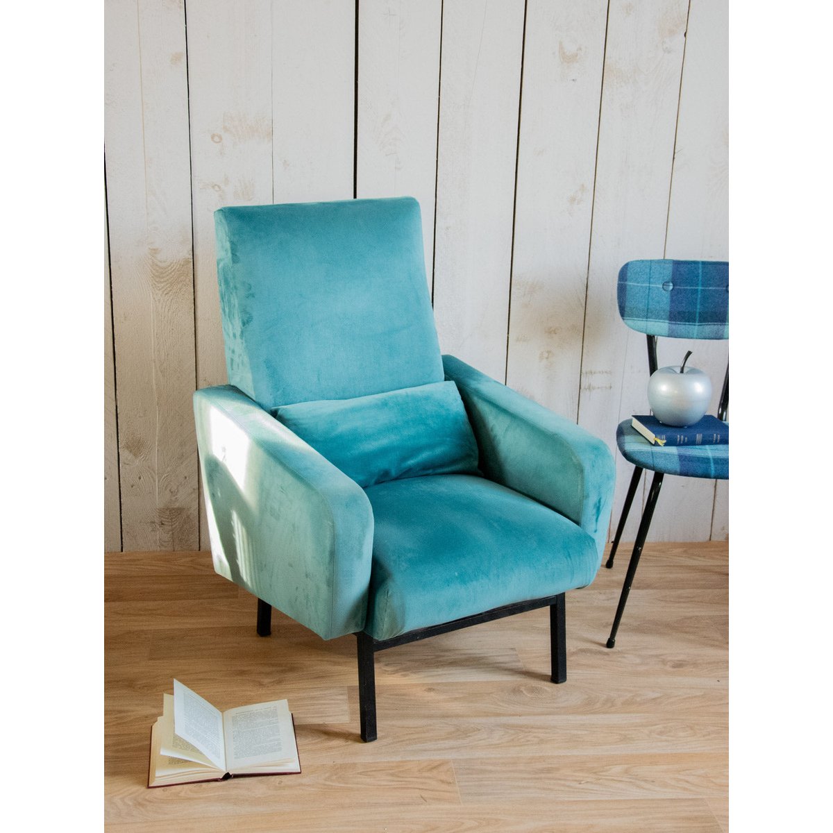 Fauteuil en velours Jakob N°737 - Bon état bleu, DEBONGOUT