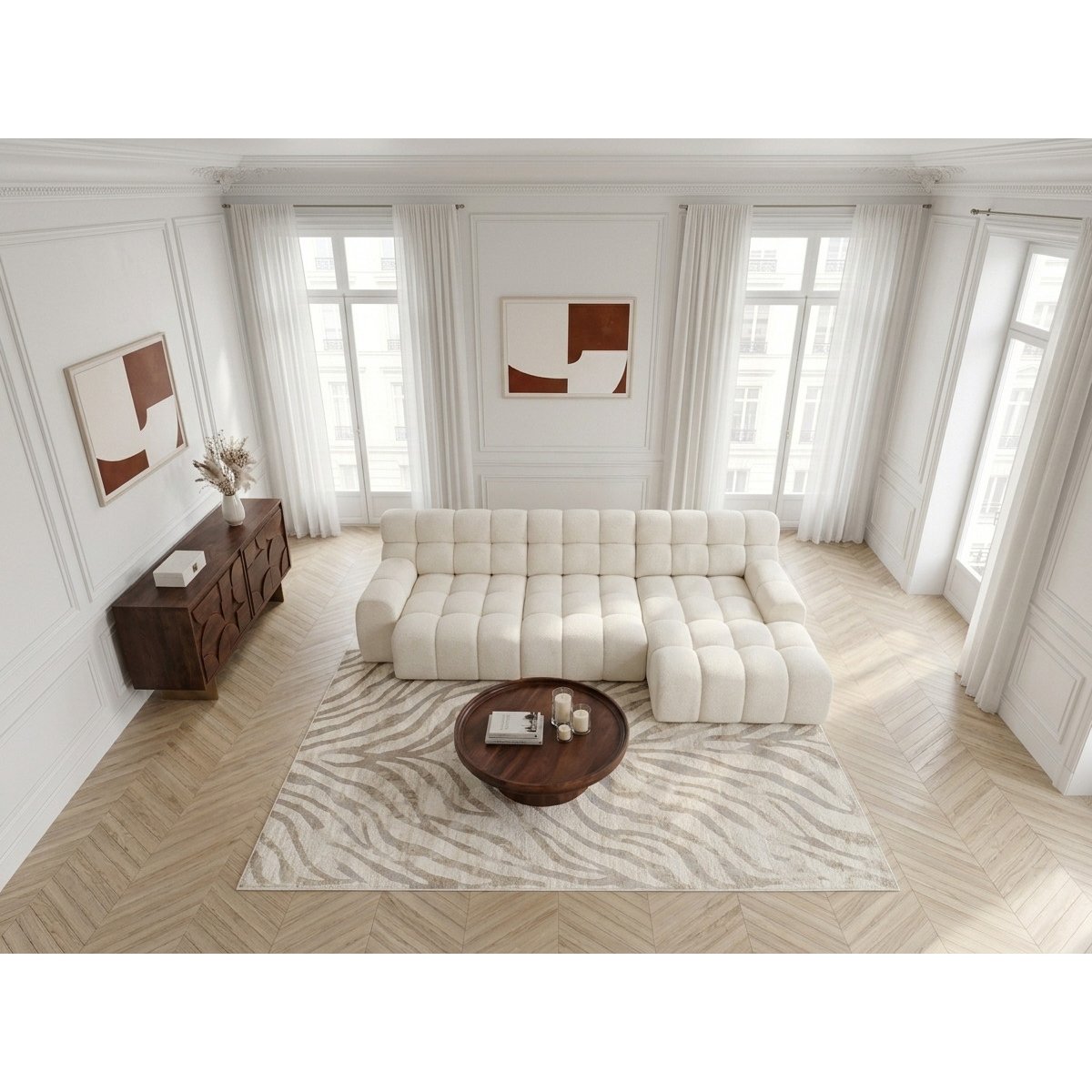 Canapé d'angle convertible 3 places en tissu texturé, ANDRE blanc, BOBOCHIC