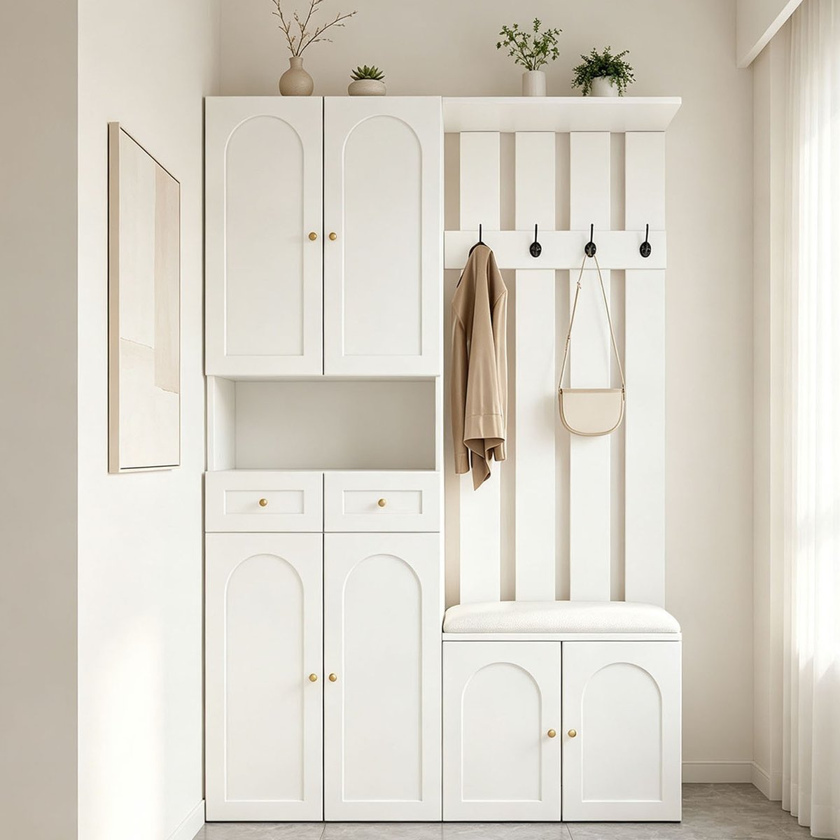 Vestiaire d'entrée avec banc et rangement, PORTER-N blanc, MEUBLES COSY